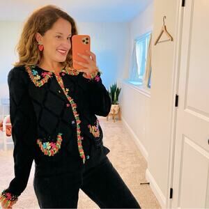 Vintage BEREK 2 Black Beaded Rainbow Floral Cardigan Sweater Small